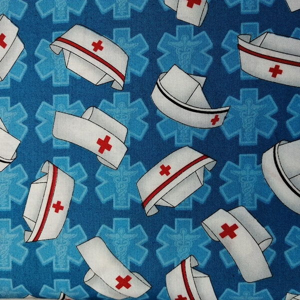 TELA AZUL CON GORROS SANITARIOS 0036